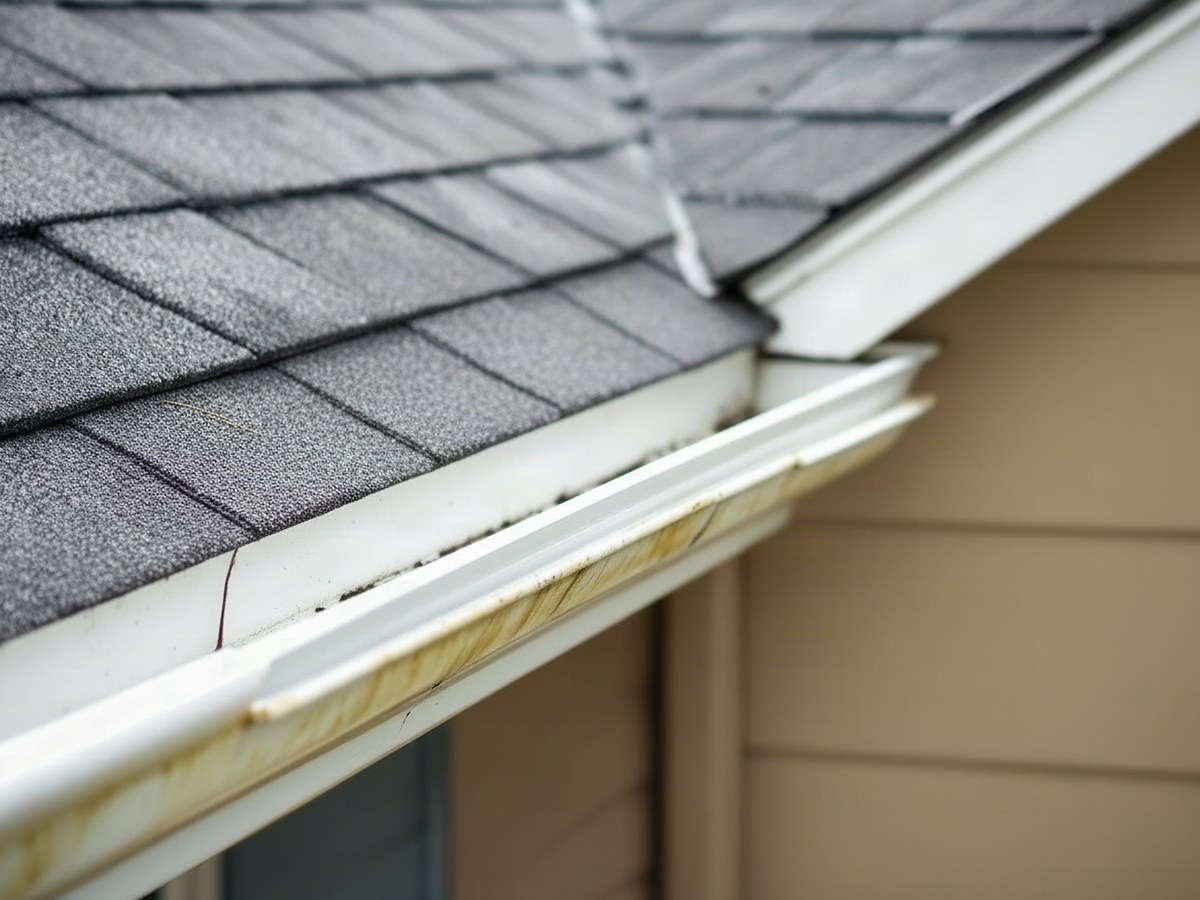 Illustrative example: the same gutter empty and washed clean, the gutter lip and fascia bright white, after gutter cleaning