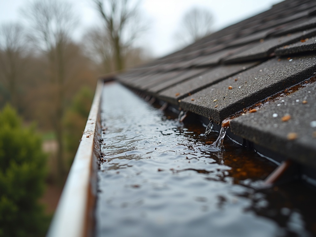 The same gutter cleaned out and flowing freely — illustrative