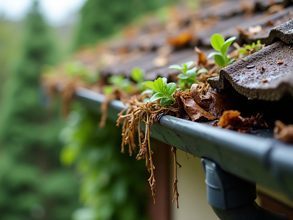 A clogged gutter overflowing with leaves and debris — illustrative