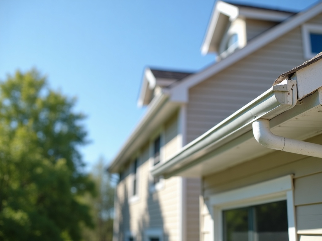 Clean seamless rain gutters along the eave of a suburban home — illustrative
